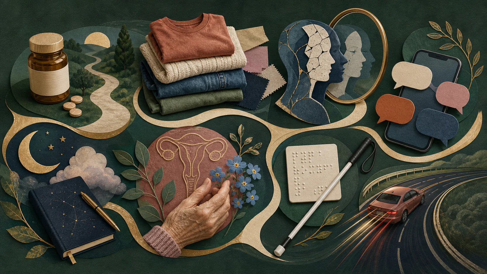 Editorial-Illustration zu den acht Themen: Drogen, Fast Fashion, Schizophrenie, Social Media, Träumen, Krankheiten, Blindheit und Rasen.